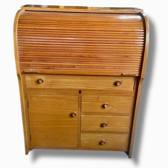 Vintage Oak Tambour Roll Top Secretaire For Sale - Image 3 of 9