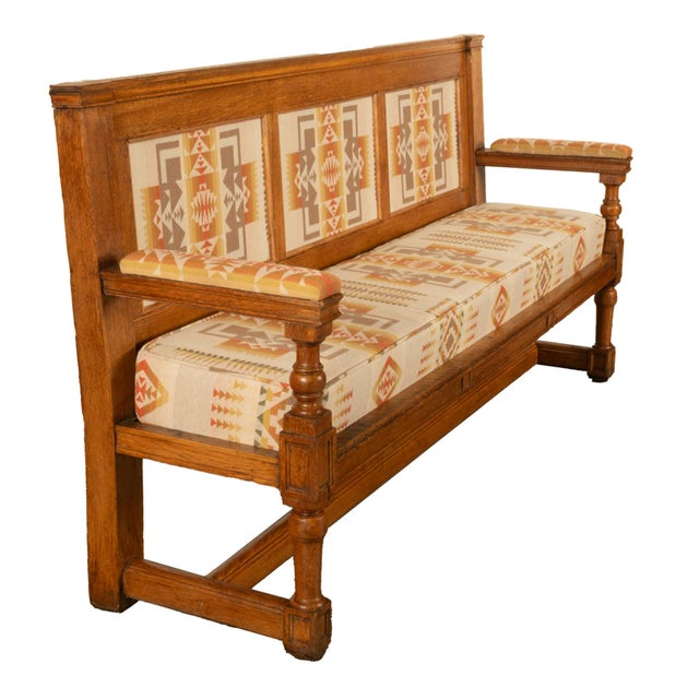 French Provincial Antique 19th Century French Oak Bench Pew Pendleton Chief Joseph Fabric 1880 For Sale - Image 3 of 15
