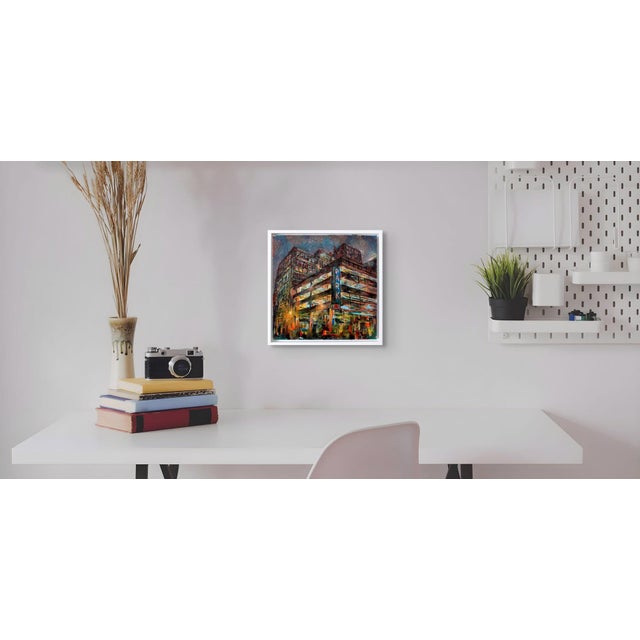 Early 21st Century Parkade by Josh George | Mixed media on wood panel Urban parking structure at night. For Sale - Image 5 of 5