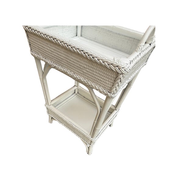 Mid 20th Century Vintage White Woven Rattan 2-Tier Bar Cart/Accent Table For Sale - Image 5 of 6