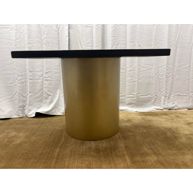 Contemporary Custom Console Table Attributed to Arhaus Distressed Black Painted Top | Gold Dauphine Pedestal Base For Sale - Image 3 of 18