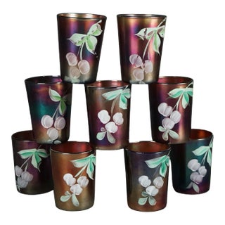 Antique Northwood Purple Amethyst Hand Painted Carnival Glass Juice Glasses- Set of 9 For Sale