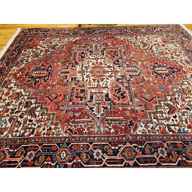 Textile Vintage Persian Heriz Rug, Hand-Knotted Wool, Geometric Medallion Pattern, Red & Navy, 9x11 For Sale - Image 7 of 17