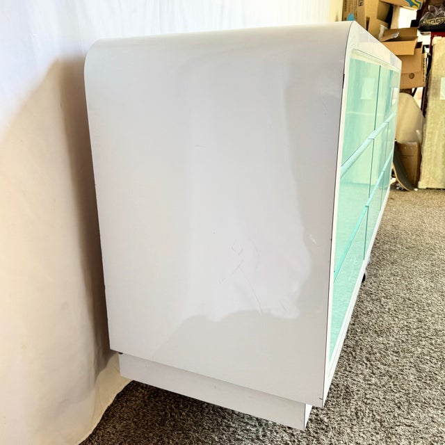 Wood Postmodern White and Turquoise Lacquer Laminate Waterfall Dresser For Sale - Image 7 of 13