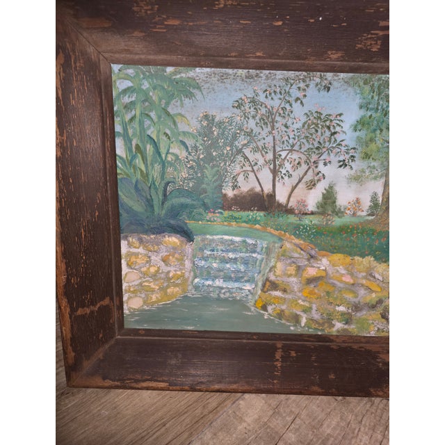 Unusual Folk Art Riverside Landscape Painting For Sale - Image 9 of 16