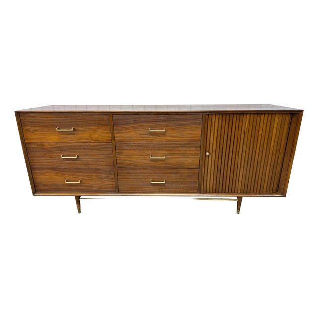 Mid-Century Modern 9-Drawer Walnut Tambour Dresser For Sale
