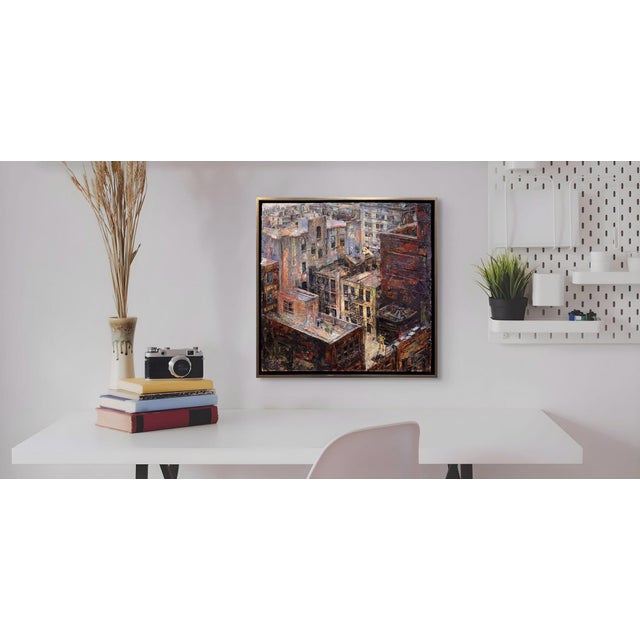 Early 21st Century Standing in the Catbird Seat by Josh George | Mixed Media on Wood Panel Urban rooftops with buildings and power lines For Sale - Image 5 of 5