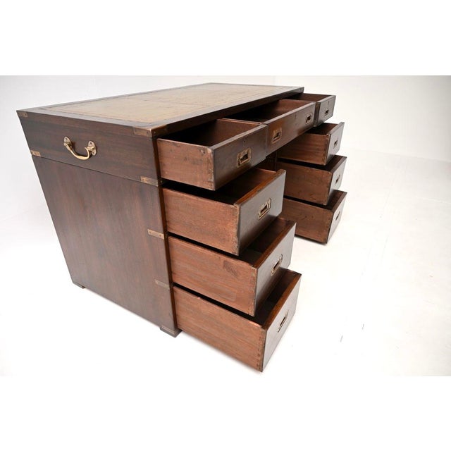 Military Campaign Leather Top Pedestal Desk, 1930 For Sale - Image 9 of 10