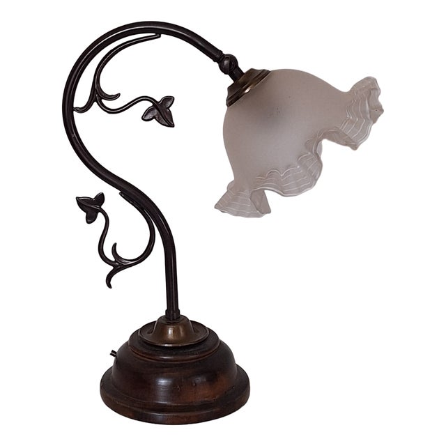 Vintage Table Lamp with Patinated Brass Frame on Maple Base and Adjustable Decorated Glass Shade, 1970s For Sale