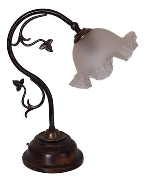 Vintage Table Lamp with Patinated Brass Frame on Maple Base and Adjustable Decorated Glass Shade, 1970s