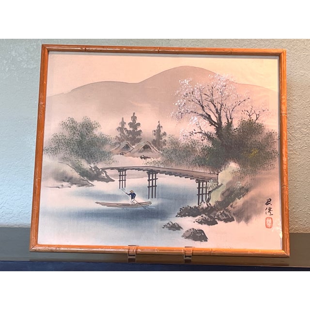 Mid 20th Century Japanese Silk Painting Signed Kasen Vintage Cherry Blossom River Landscape 17x15 For Sale - Image 4 of 7