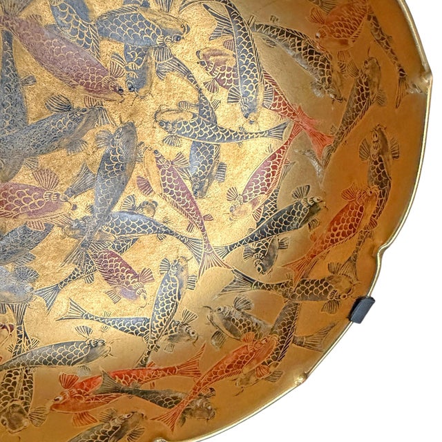 19th Century Japanese Satsuma Lotus Koi Bowl on Custom Steel Mount For Sale - Image 9 of 13