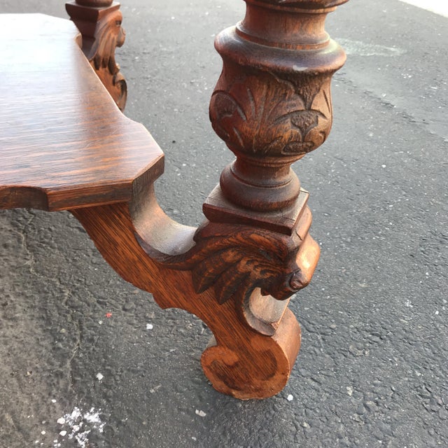 Beautiful antique oak entry way table or living room card table. The craftsmanship is perfection, the Lion’s head carvings...