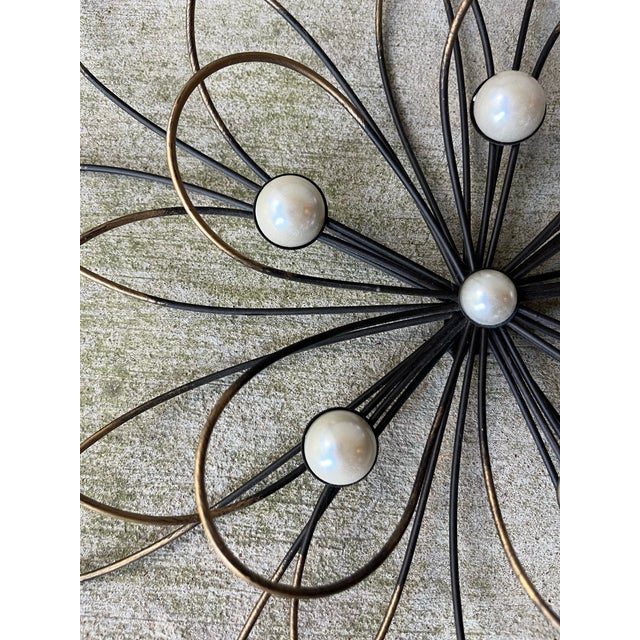 Metal Contemporary Mid-Century Style Set of 3 Gold & Black Faux Pearl Wire Flower Wall Hangings For Sale - Image 7 of 10