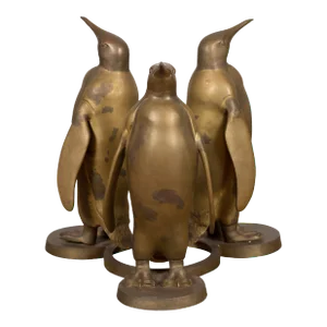 Mid 20th Century Triple Penguin Bronze Sculpted Group on Trefoiled Base with Gold Patina