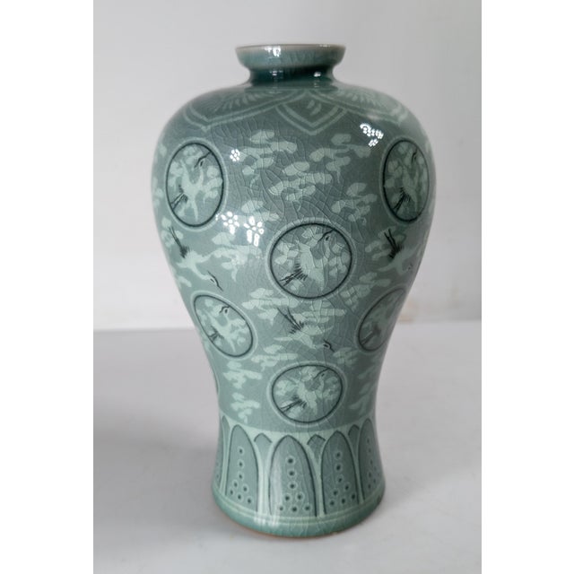 Mid-Century Modern Mid-Century Asian Modern Korean Celadon Green Meiping Vase With Cranes For Sale - Image 3 of 9
