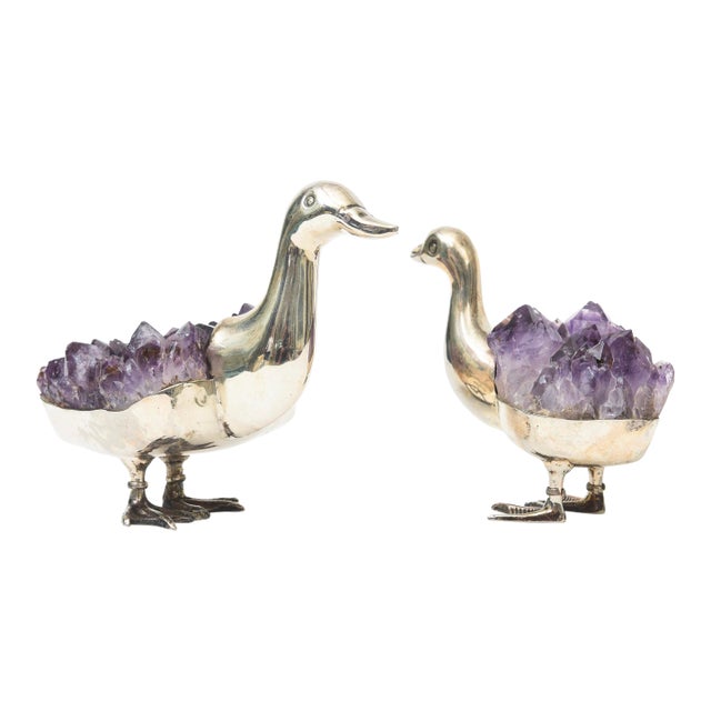 Signed Gerson Silver Plate and Amethyst Duck Sculptures Pair of 90's For Sale