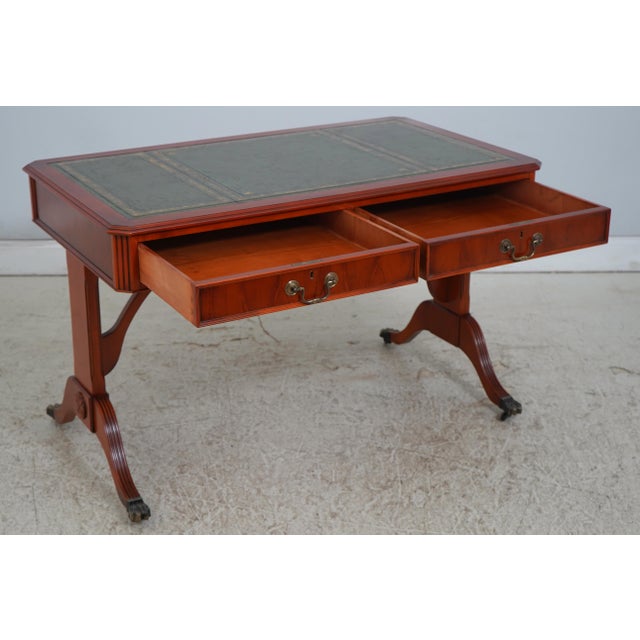 English English Leather Top Yew Wood Writing Desk For Sale - Image 3 of 17