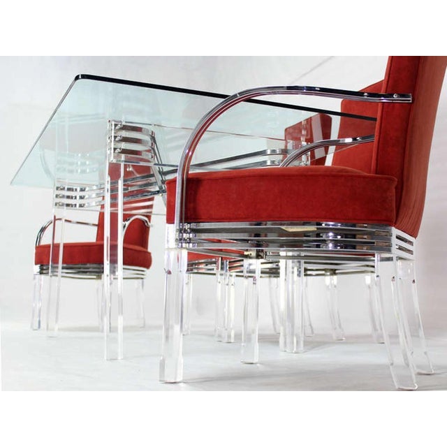 Mid-Century Modern Mid Century Modern Set of Six Dining Chairs and Table in Lucite Chrome Glass For Sale - Image 3 of 9