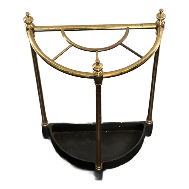 Vintage Brass Umbrella Stand With Black Base | English Traditional Cane Holder | Mid Century Hall Stand For Sale