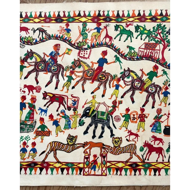 Folk Art Folk Art Pithora Painting from Gujarat India: Horses, Dieties: 32" x 20", EUC For Sale - Image 3 of 5