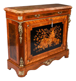 Antique French Floral Marquetry and Marble Topped Side Cabinet, 1890s