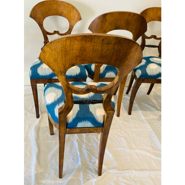 Biedermeier Antique Set of Biedermeier Dining or Game With Chairs Upholstered Seats in Blue Ivory Silk For Sale - Image 3 of 7