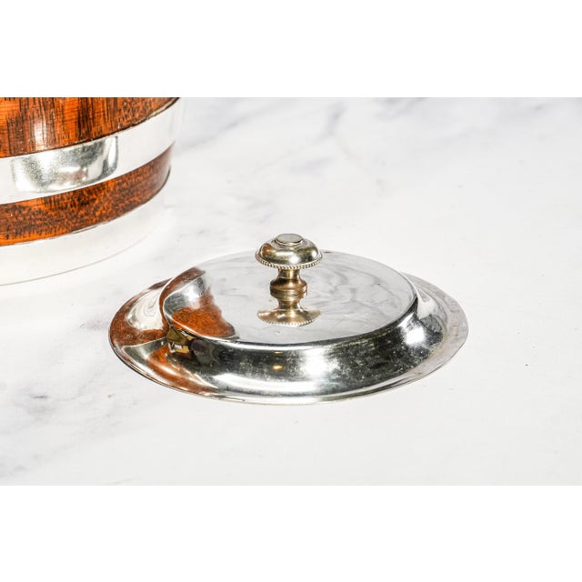 Charming Antique English Silverplate Dark Oak Biscuit Jar With Porcelain Lining Shield Home Decor For Sale - Image 9 of 12