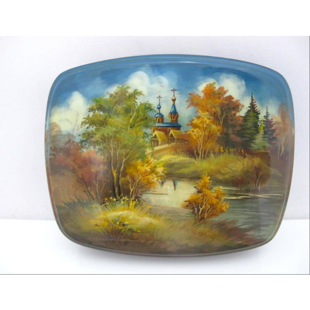 Traditional Russian Fedoskino Lacquer Mother of Pearl Hand Painted Landscape Box For Sale - Image 3 of 11