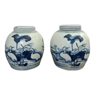 Rare Pair of Large 9" Mid 20th Century Blue & White Ginger Jars, Coastal Depictions of Cranes, Water and Shore Grass For Sale