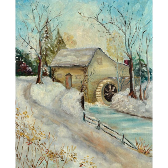 Bright winter landscape of an old mill in the snow by E. Harrison (American, 20th Century). Signed "E. H." lower left....