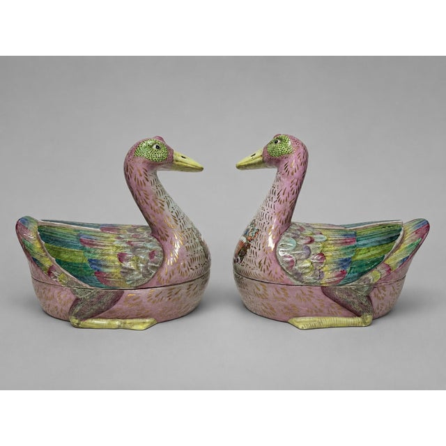 Late 20th Century Late 20th Century Chinese Export-Style Famille Rose Armorial Porcelain Duck-Form Covered Tureens - a Pair For Sale - Image 5 of 11