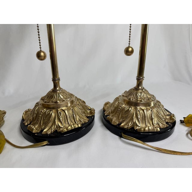 Antique Brass Acanthus Leaf Buffet Table Lamps Brass Pull Chains Black Marble Bases - a Pair For Sale - Image 11 of 12