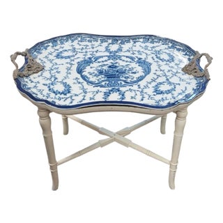 Fine 1950s Blue & White Porcelain Bamboo Tray Table For Sale