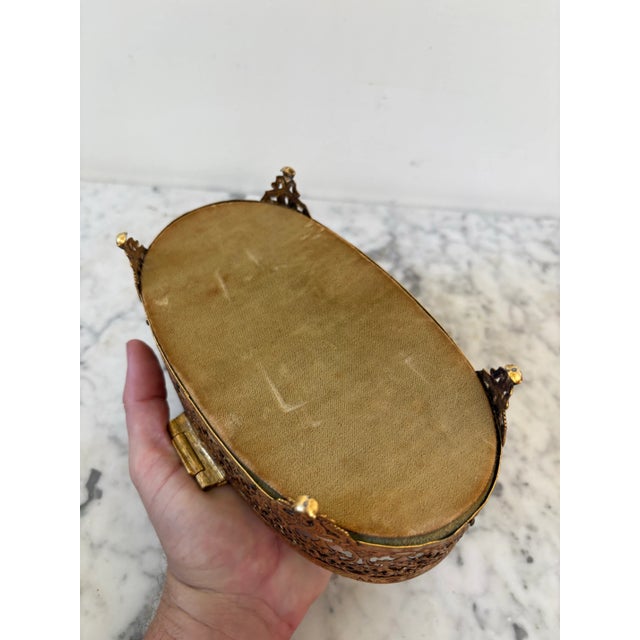 Metal Vintage Filigree Brass Jewelry Box With Glass Top and Velvet Interior and Underside For Sale - Image 7 of 7