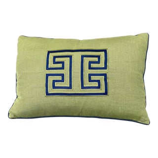 Ryan Studio Green Pillow With Navy Medallion For Sale