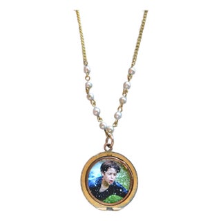 Vintage Gold Pocket Watch Picture Frame Locket on a Gold and Pearl Chain For Sale