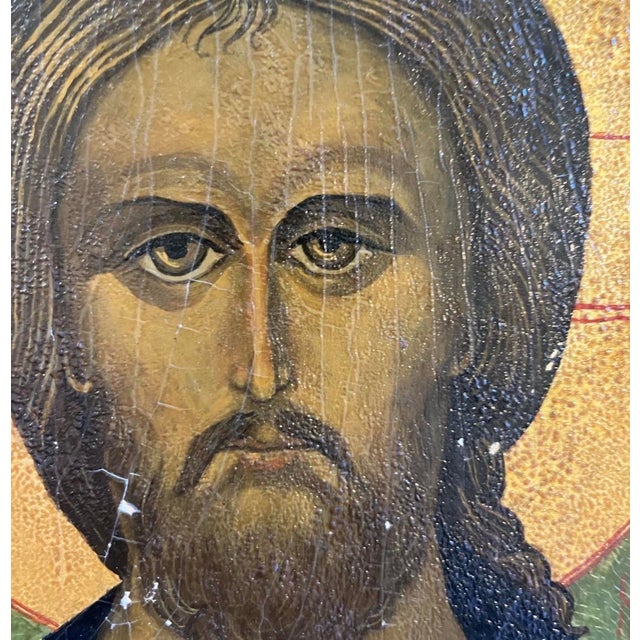 Hand-Painted Icon of Jesus Christ – Gold Leaf Halo – 1963 Paris – Wooden Panel Signed For Sale In Boston - Image 6 of 12