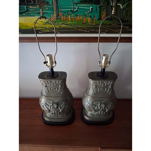 1980s 1980s Archaistic Pair of Brass Chinese Hu Vessel Urn Table Lamps - a Pair For Sale - Image 5 of 13