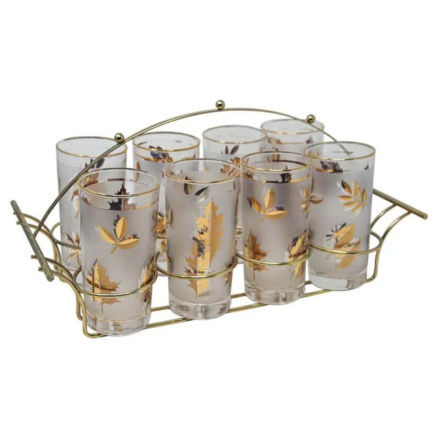 Vintage Eight Highball Gold Glasses in a Brass Cart by Fred Press - 9 Pieces For Sale - Image 13 of 13