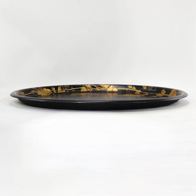 Paper Antique 19th Century Paper Mache Oval Tray - Black Lacquer With Hand Painted Gold Gilt Ivy Design For Sale - Image 7 of 14
