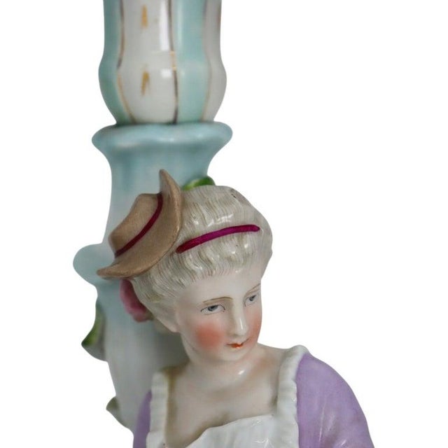 Pair 21" Meissen Style Figural & Floral Porcelain Candelabras C1890 For Sale - Image 9 of 18