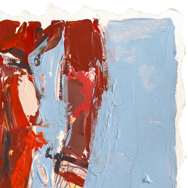 Contemporary She Wears the Boots - Original Red Coat and Blue Western Boots Textured Mixed Media Painting on Paper by Kellie Newsome For Sale - Image 3 of 7