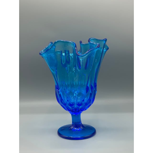 Blue 1950s Fenton Colonial Blue Thumbprint Thousand Eye Footed Handkerchief Vase For Sale - Image 8 of 8