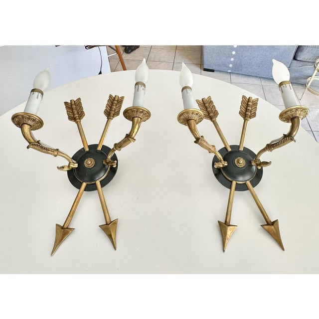 Traditional Pair French Empire Style Arrow Swan Wall Sconces For Sale - Image 3 of 15