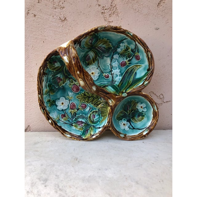 French Majolica strawberries handled platter circa 1890.