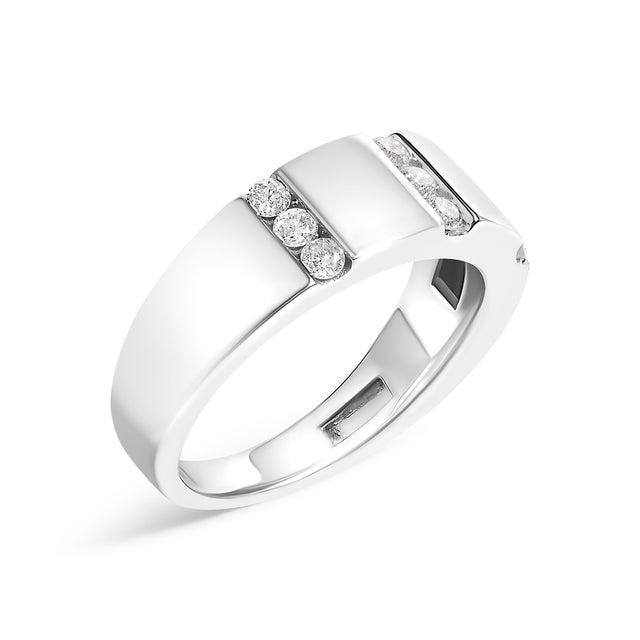 Contemporary Men's .925 Sterling Silver 1/2 Cttw Diamond Triple Three Stone Row Band Ring (H-I Color, I1-I2 Clarity) - Ring Size 9.5 For Sale - Image 3 of 7
