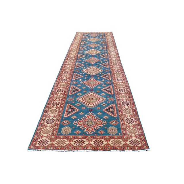 Bohemian Kazak Mervin Ivory/Red Wool Runner Rug - 4'0''x16'2'' For Sale In New York - Image 6 of 10