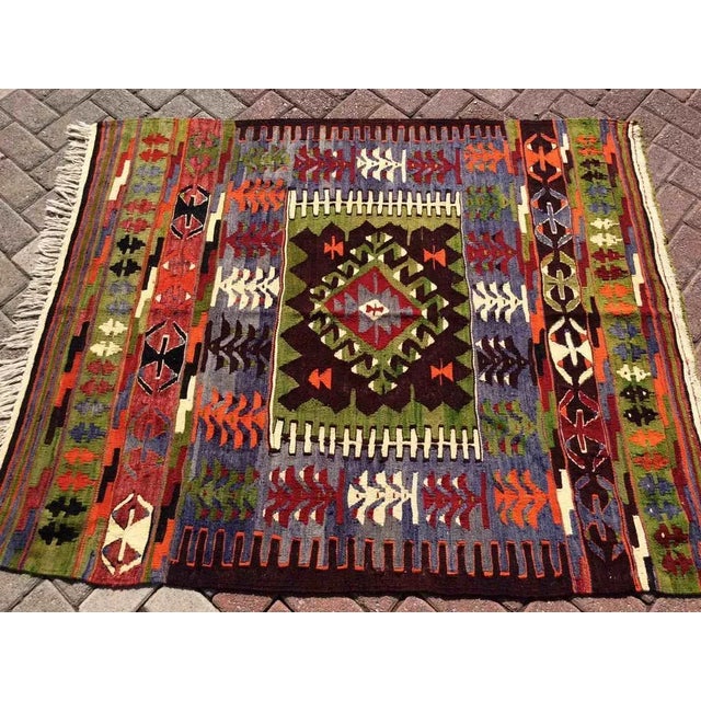 Mid-Century Modern Vintage Turkish Kilim Rug - 52" X 62" For Sale - Image 3 of 8