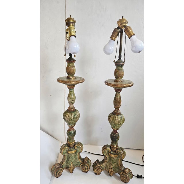 Wood Large Antique Celadon Green & Gilded Candlestick Table Lamps -a Pair For Sale - Image 7 of 13